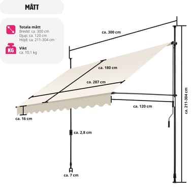 tectake Spännmarkis och soltak med handvev, höjdjusterbar - 300 x 180 cm, beige
