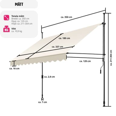 tectake Spännmarkis och soltak med handvev, höjdjusterbar - 350 x 180 cm, beige
