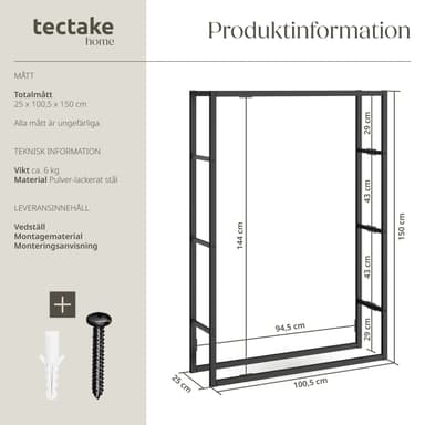 tectake Vedställ Tuby, för inne- & utomhus, 100,5x25x150cm - svart