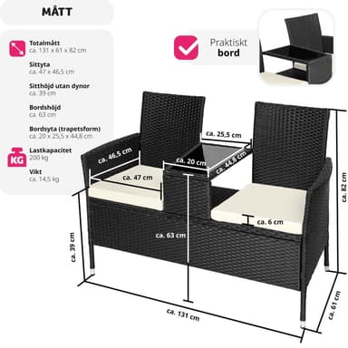 tectake Trädgårdsbänk med bord i konstrotting - svart/beige