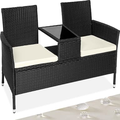 tectake Trädgårdsbänk med bord i konstrotting - svart/beige
