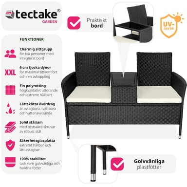 tectake Trädgårdsbänk med bord i konstrotting - svart/beige
