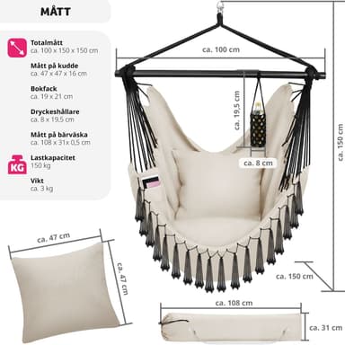 tectake Hängstol Malika, Boho-stil, kapacitet på 150kg - beige