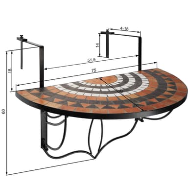 tectake Hängande balkongbord med vikbart mosaikmönster 75x65x62cm - terrakotta/vit