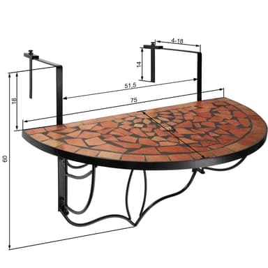 tectake Hängande balkongbord med vikbart mosaikmönster 75x65x62cm - terrakotta