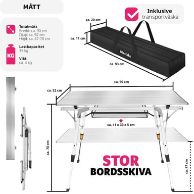 tectake Campingbord Tina i aluminium , hopfällbart, höj- och sänkbart - silver