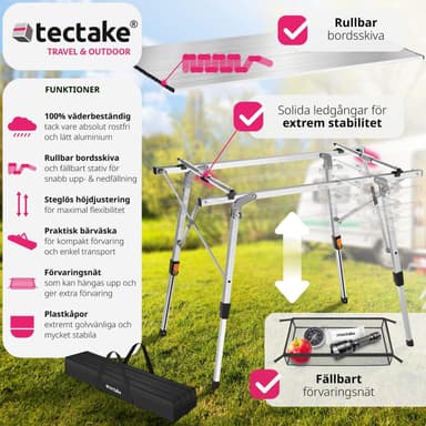 tectake Campingbord Tina i aluminium , hopfällbart, höj- och sänkbart - silver