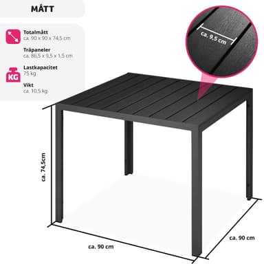 tectake Trädgårdsbord i aluminium Maren höjdjusterbara fötter 90x90x74,5cm - svart