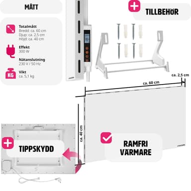 tectake Hybrid-infravärmare med termostat och tippskydd - 300 W