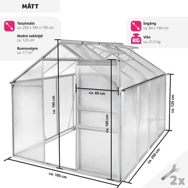 tectake Aluminiumväxthus utan fundament - 250 x 185 x 195 cm