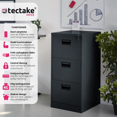 tectake Dokumentskåp med 3 lådor - svart