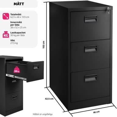 tectake Dokumentskåp med 3 lådor - svart