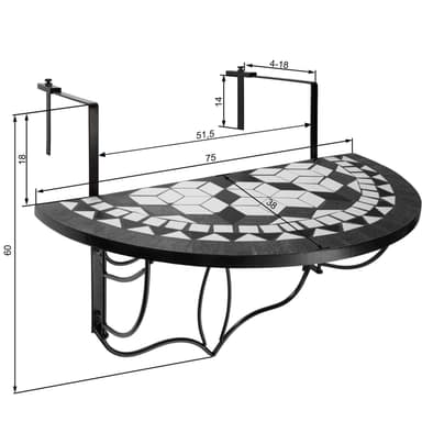 tectake Hängande balkongbord med vikbart mosaikmönster 75x65x62cm - svart/vit