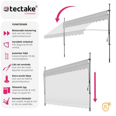 tectake Spännmarkis och soltak med handvev, höjdjusterbar - 350 x 180 cm, ljusgrå