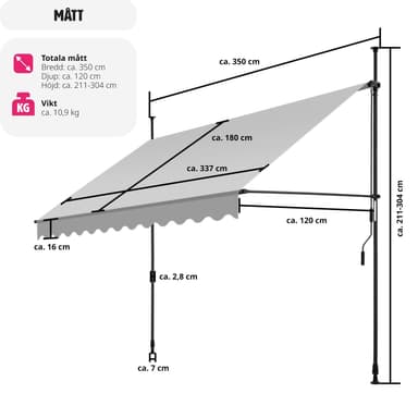 tectake Spännmarkis och soltak med handvev, höjdjusterbar - 350 x 180 cm, ljusgrå