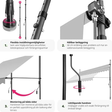 tectake Spännmarkis och soltak med handvev, höjdjusterbar - 350 x 180 cm, ljusgrå