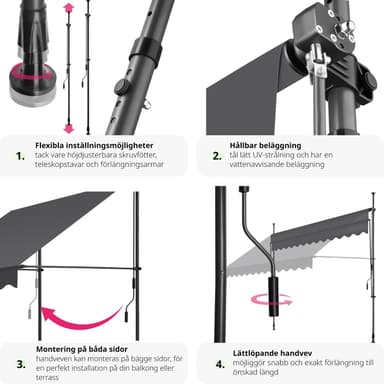 tectake Spännmarkis och soltak med handvev, höjdjusterbar - 300 x 180 cm, svart/grå