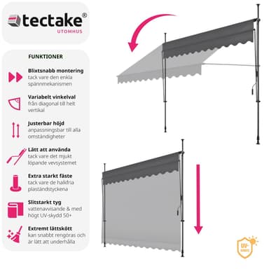 tectake Spännmarkis och soltak med handvev, höjdjusterbar - 300 x 180 cm, svart/grå