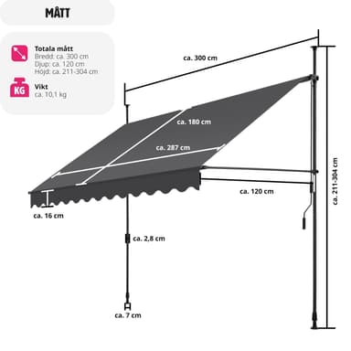 tectake Spännmarkis och soltak med handvev, höjdjusterbar - 300 x 180 cm, svart/grå