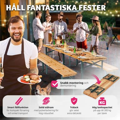 tectake Bord- och bänkset, fällbart, 1 bord + 2 bänkar - brun