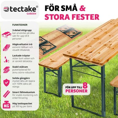 tectake Bord- och bänkset, fällbart, 1 bord + 2 bänkar - brun