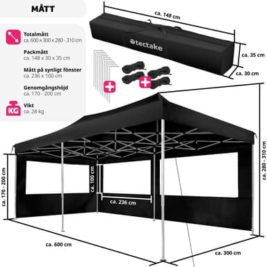 tectake Hopfällbart partytält Viola 3x6 m med 2 sidodelar - svart