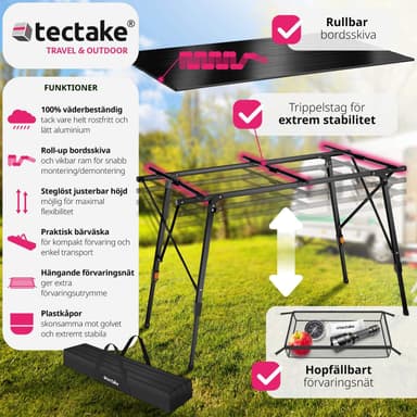 tectake Campingbord i aluminium, höj- och sänkbart, hopfällbart - svart
