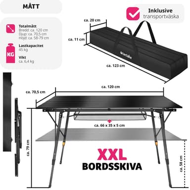 tectake Campingbord i aluminium, höj- och sänkbart, hopfällbart - svart