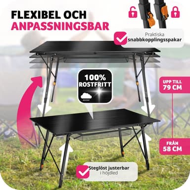 tectake Campingbord i aluminium, höj- och sänkbart, hopfällbart - svart