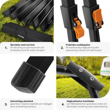 tectake Campingbord i aluminium, höj- och sänkbart, hopfällbart - svart