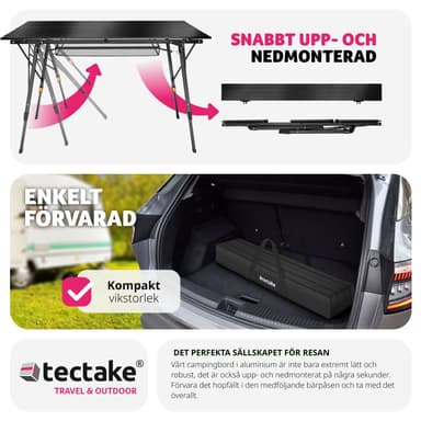 tectake Campingbord i aluminium, höj- och sänkbart, hopfällbart - svart