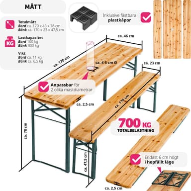 tectake Bord- och bänkset Ludwig i 3 delar, hopfällbar med parasollhållare - brun