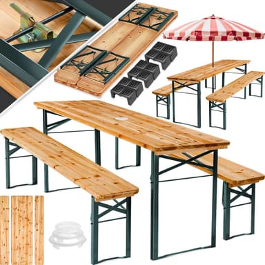 tectake Bord- och bänkset Ludwig i 3 delar, hopfällbar med parasollhållare - brun