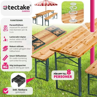 tectake Bord- och bänkset Ludwig i 3 delar, hopfällbar med parasollhållare - brun