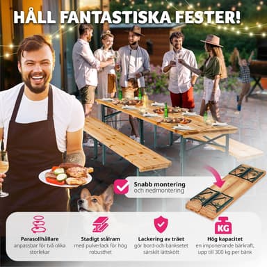 tectake Bord- och bänkset Ludwig i 3 delar, hopfällbar med parasollhållare - brun