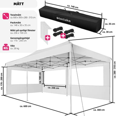 tectake Hopfällbart partytält Viola 3x6 m med 2 sidodelar - vit