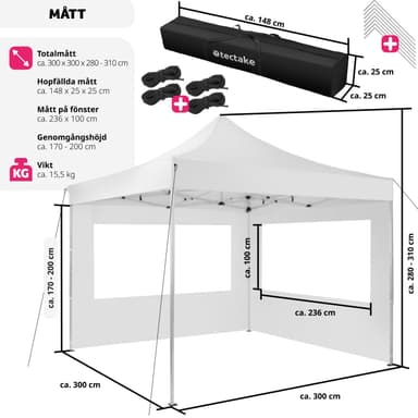 tectake Hopfällbar partytält Olivia 3x3 m med 2 sidodelar - vit