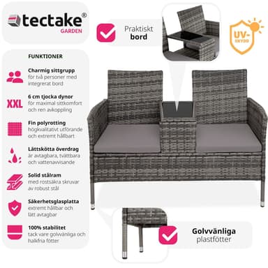 tectake Trädgårdsbänk med bord i konstrotting - grå/ljusgrå