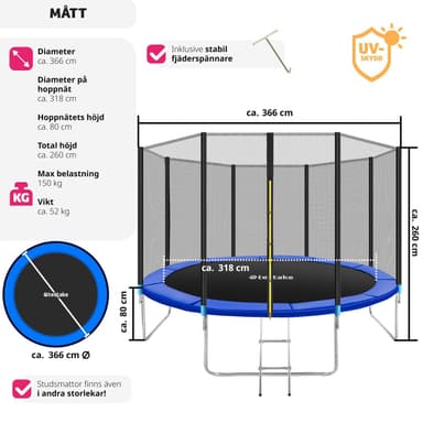 tectake Studsmatta Garfunky med skyddsnät , upp till 80 kg - 366 cm