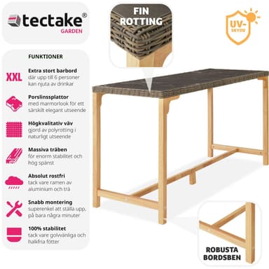 tectake Rotting barbord Lovas 161x64,5x99,5cm - natur