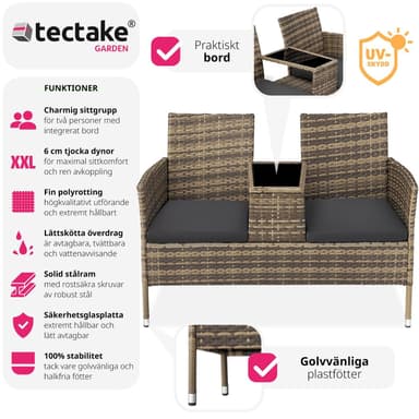 tectake Trädgårdsbänk med bord i konstrotting - natur/mörkgrå