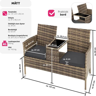 tectake Trädgårdsbänk med bord i konstrotting - natur/mörkgrå