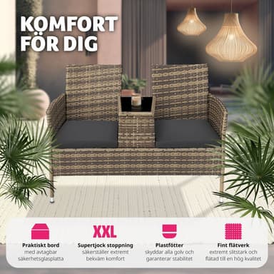 tectake Trädgårdsbänk med bord i konstrotting - natur/mörkgrå