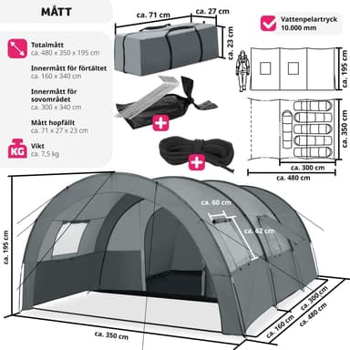 tectake Tunneltält Festivaltält Roskilde för 6 personer - ljusgrå/mörkgrå