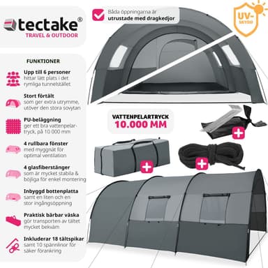 tectake Tunneltält Festivaltält Roskilde för 6 personer - ljusgrå/mörkgrå