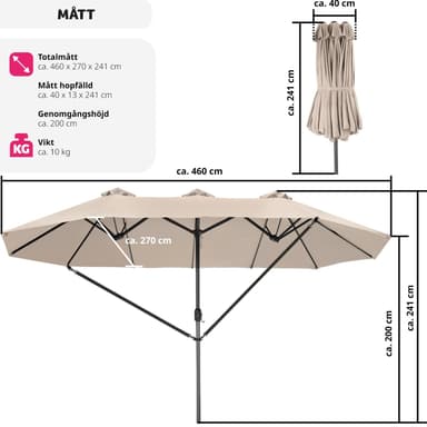 tectake Parasoll Silia 460x270cm med 3 vindskydd - beige
