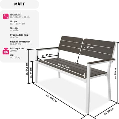 tectake Trädgårdsbänk Line 2-sits med aluminiumram 128x59x88cm - ljusgrå/vit