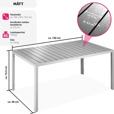 tectake Trädgårdsbord i aluminium Bianca höjdjusterbara fötter 150x90x74,5cm - silver/grå