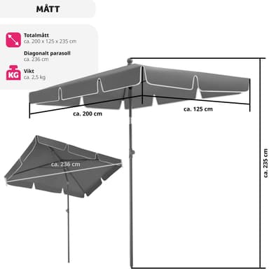tectake Parasoll Vanessa 200x125cm höjdjusterbar och lutbar - grå