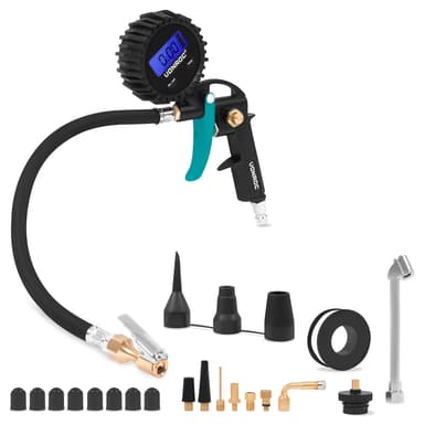 VONROC PRO Däckpump - 3-i-1: pumpa, mät tryck och släpp ut luft – Digital manometer - 10 bar - Inkl. tillbehör